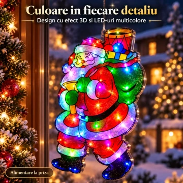 Decoratiune LED Mos Craciun 3D pentru Geam si Vitrina, 45x23 cm, Lumina Multicolora, Alimentare la Priza - Img 4