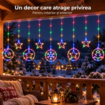 Instalație de Crăciun LED Perdea 4 m, Multicoloră, cu Stele și Ornamente, Fir Transparent, Conectabilă, Interior și Exterior - Img 3