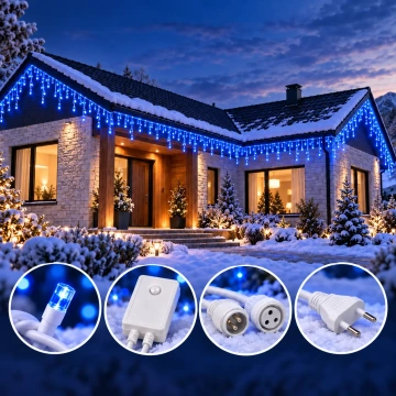 Instalatie LED de Craciun Exterior Albastra, Franjuri / Turturi, 25 / 50 / 75 / 100 m, 500–2000 LED-uri, 8 Jocuri de Lumini