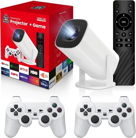 Consola de jocuri cu proiector, 4K, 2 joystick-uri, wireless, Ultra HD, Android 11, telecomanda