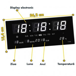 Ceas electronic de perete cu termometru, Lumina ajustabila, Alimentator USB, 3615, Negru