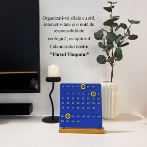 Calendar decorativ birou – Perpetuu, DECORADI®, Eco-friendly, Baza din Lemn Natural, Design Abstract, albastru / galben, 23cm – Cadou sau Decoratiune de interior cu design modern, Printat 3D din PLA ECO (plastic biodegradabil) - Img 4