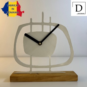 Ceas de birou - Mecanism SILENTIOS – DECORADI®, Eco-friendly, Baza din Lemn Natural, Design Abstract, Alb 21.5cm – Cadou sau Ceas de camera decorativ cu design modern, Printat 3D din PLA ECO (plastic biodegradabil) - Img 2