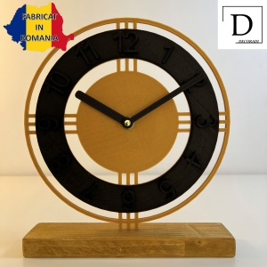 Ceas de birou - Mecanism SILENTIOS – DECORADI®, Eco-friendly, Baza din Lemn Natural, Afisare cu cifre arabe, Design Abstract, Auriu / Negru 22 cm – Cadou sau Ceas de camera decorativ cu design modern, Printat 3D din PLA (plastic biodegradabil) - Img 2