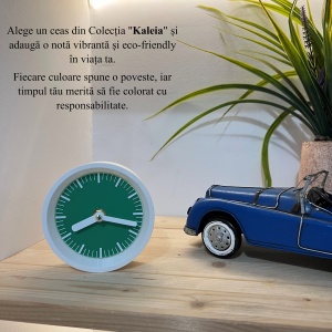 Ceas de birou - Mecanism SILENTIOS – DECORADI®, Eco-friendly, Design Modern, Colectie Kaleia, Alb / Verde, Diametru 11cm – Cadou sau Ceas de camera decorativ cu design modern, Printat 3D din PLA ECO (plastic biodegradabil) - Img 5