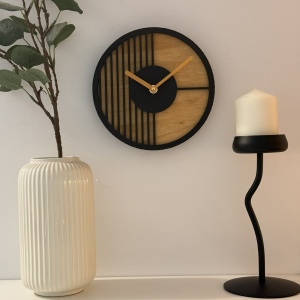 Ceas decorativ de perete, Mecanism SILENTIOS, DECORADI®, Diametru 21 cm, Cadran din LEMN NATURAL, Eco-friendly, Design Modern, Negru, Printat 3D din PLA ECO(plastic biodegradabil) - Img 2