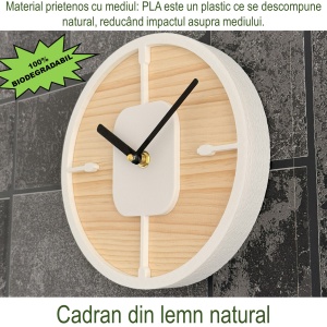 Ceas decorativ de perete, Mecanism SILENTIOS, DECORADI®, Diametru 21 cm, Cadran din LEMN NATURAL, Eco-friendly, Design Modern, Alb, Printat 3D din PLA ECO(plastic biodegradabil) - Img 4
