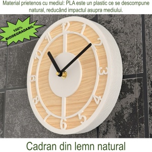 Ceas decorativ de perete, Mecanism SILENTIOS, DECORADI®, Diametru 21 cm, Afisare cu cifre arabe, Cadran din LEMN NATURAL, Eco-friendly, Alb, Design Modern, Negru, Printat 3D din PLA ECO(plastic biodegradabil) - Img 4