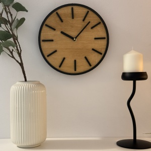 Ceas decorativ de perete, Mecanism SILENTIOS, DECORADI®, Diametru 26 cm, Cadran din LEMN NATURAL, Eco-friendly, Design Modern, Negru, Printat 3D din PLA ECO(plastic biodegradabil) - Img 2