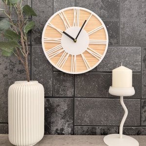 Ceas decorativ de perete, Mecanism SILENTIOS, DECORADI®, Diametru 26 cm, Afisare cu cifre Romane, Cadran din LEMN NATURAL, Eco-friendly, Design Modern, Alb, Printat 3D din PLA ECO(plastic biodegradabil) - Img 2