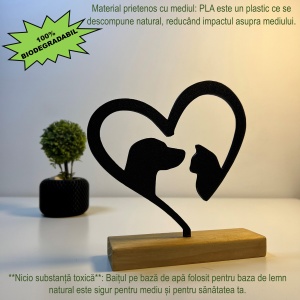 Decoratiune Casa, Caine si pisica in inimioara – DECORADI®, Eco-friendly, Baza din Lemn Natural, Design Modern, Negru 20cm – Cadou sau Decoratiune de interior ideala pentru iubitorii de animale, Printat 3D din PLA Eco (plastic biodegradabil) - Img 3