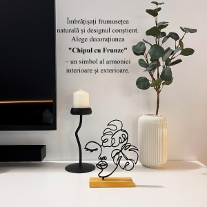 Decoratiune Casa, Chipul cu Frunze – DECORADI®, Eco-friendly, Baza din Lemn Natural, Design Abstract, Negru 21 cm – Cadou sau Decoratiune de interior cu design modern, Printat 3D din PLA Eco (plastic biodegradabil) - Img 4
