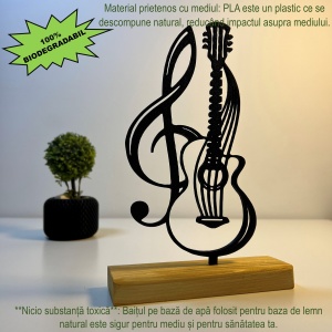 Decoratiune Casa, Chitara & Cheia Sol – DECORADI®, Eco-friendly, Baza din Lemn Natural, Design Modern, Negru 20.5cm – Cadou sau decoratiune de interior ideala pentru iubitorii de muzica, Printat 3D din PLA Eco (plastic biodegradabil) - Img 3