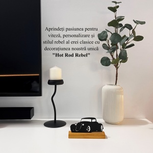 Decoratiune Casa, Hot Rod – DECORADI®, Eco-friendly, Baza din Lemn Natural, Cadou sau Decoratiune de interior pentru ideala iubitorii de masini, Design Modern, Negru 9 cm, Printat 3D din PLA Eco (plastic biodegradabil) - Img 4