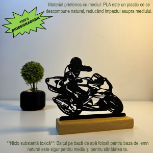 Decoratiune Casa, Motociclist – DECORADI®, Eco-friendly, Baza din Lemn Natural, Design Modern, Negru 13cm – Cadou sau Decoratiune de interior ideala pentru iubitorii de Moto, Printat 3D din PLA ECO(plastic biodegradabil) - Img 3