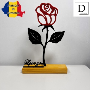 Decoratiune Casa, Trandafir LOVE YOU – DECORADI®, Eco-friendly, Baza din Lemn Natural, Cadoul Perfect pentru persoana IUBITA, Negru / Rosu 22cm – Decoratiune de interior cu Design Modern, Printat 3D din PLA (plastic biodegradabil) - Img 2