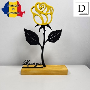 Decoratiune Casa, Trandafir LOVE YOU – DECORADI®, Eco-friendly, Baza din Lemn Natural, Cadoul Perfect pentru persoana IUBITA, Negru / Galben 22cm – Decoratiune de interior cu Design Modern, Printat 3D din PLA (plastic biodegradabil) - Img 2