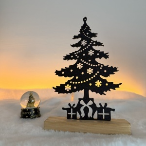 Decorațiune Crăciun, Brad – Eco-friendly, Baza din Lemn Natural, Negru 19cm, Handmade, Decor Interior Birou, Sufragerie, Cadou Crăciun, Printat 3D din PLA Eco (plastic biodegradabil), DECORADI® - Img 2