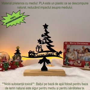 Decorațiune Crăciun, Brad "Crăciun Fericit" – Eco-friendly, Baza din Lemn Natural, Negru, 20.5cm, Handmade, Decor Interior Birou, Sufragerie, Cadou Crăciun, Printat 3D din PLA Eco (plastic biodegradabil), DECORADI® - Img 4
