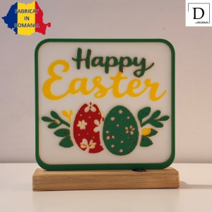 Decoratiune Happy Easter, Eco-friendly, Baza din Lemn Natural, Multicolor, 17 cm, Handmade, Decor Interior Birou, Sufragerie, Cadou Paste, Printat 3D din PLA Eco (plastic biodegradabil), DECORADI® - Img 2
