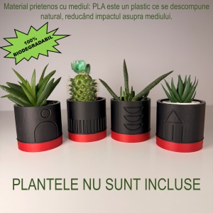 Set 4 Ghivece pentru plante mici (plantele nu sunt incluse), Diametru intern 6 cm, Rosu / Negru, Printat 3D din PLA ECO(plastic biodegradabil) - Img 2