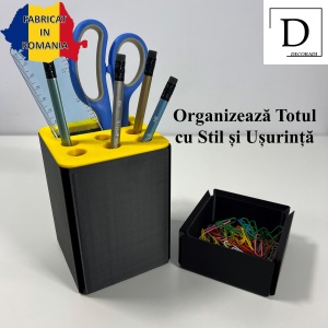 Set organizator de birou multifunctional, Suport 6 instrumente de scris si accesorii (12 X 9 X 9 CM) + Cutiuta suplimentara cu capac (4 X 9 X 9 CM), Galben/Negru, imprimat 3D din PLA (Bioplastic) - Img 2