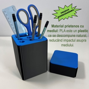 Set organizator de birou multifunctional, Suport 6 instrumente de scris si accesorii (12 X 9 X 9 CM) + Cutiuta suplimentara cu capac (4 X 9 X 9 CM), Albastru/Negru, imprimat 3D din PLA (Bioplastic) - Img 3