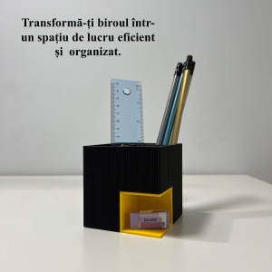Suport articole birou 2 in 1, Multifunctional, Suport instrumente de scris si accesorii + compartiment inferior fix, Galben/Negru, 8 CM, imprimat 3D din PLA (Bioplastic) - Img 4