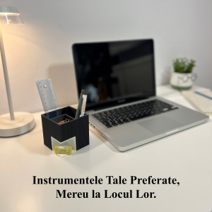 Suport articole birou 2 in 1, Multifunctional, Suport instrumente de scris si accesorii + compartiment inferior fix, Alb/Negru, 8 CM, imprimat 3D din PLA (Bioplastic) - Img 5