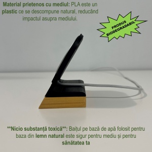 Suport Incarcare compatibil cu MagSafe original Apple (Incarcatorul MagSafe nu este inclus), Negru, Baza din lemn natural, imprimati 3D din PLA (Bioplastic) - Img 3