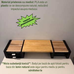 Suport monitor cu 2 Sertare si Polita suplimentara, 84 X 25 X 13 CM, Picioare printate 3D din PLA (Bioplastic), Negru, Panou din lemn natural - Img 3