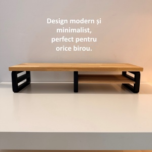 Suport pentru monitor, polita suplimentara, 60 X 20 X 12 CM, Picioare printate 3D din PLA (Bioplastic), Negru, Panou din lemn natural (Fag) - Img 5
