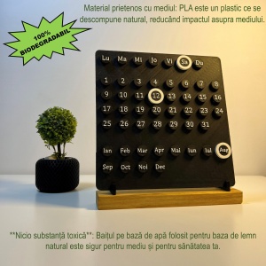 Calendar decorativ birou – Perpetuu, DECORADI®, Eco-friendly, Baza din Lemn Natural, Design Abstract, negru / alb, 23cm – Cadou sau Decoratiune de interior cu design modern, Printat 3D din PLA ECO (plastic biodegradabil) - Img 3