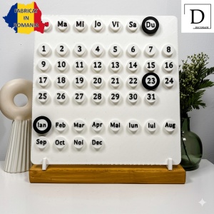 Calendar decorativ birou – Perpetuu, DECORADI®, Eco-friendly, Baza din Lemn Natural, Design Abstract, alb / negru, 23cm – Cadou sau Decoratiune de interior cu design modern, Printat 3D din PLA ECO (plastic biodegradabil) - Img 2
