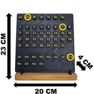 Calendar decorativ birou – Perpetuu, DECORADI®, Eco-friendly, Baza din Lemn Natural, Design Abstract, negru / galben, 23cm – Cadou sau Decoratiune de interior cu design modern, Printat 3D din PLA ECO (plastic biodegradabil) - Img 6
