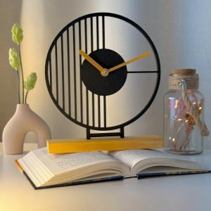 Ceas de birou - Mecanism SILENTIOS – DECORADI®, Eco-friendly, Baza din Lemn Natural, Design Abstract, Negru 22.5cm – Cadou sau Ceas de camera decorativ cu design modern, Printat 3D din PLA ECO (plastic biodegradabil)