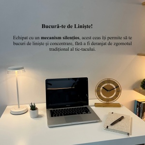 Ceas de birou - Mecanism SILENTIOS – DECORADI®, Eco-friendly, Baza din Lemn Natural, Afisare cu cifre arabe, Design Abstract, Auriu 22.5cm – Cadou sau Ceas de camera decorativ cu design modern, Printat 3D din PLA ECO (plastic biodegradabil) - Img 4