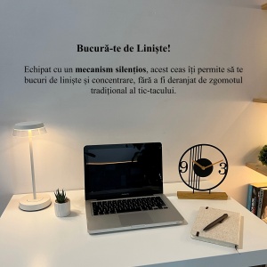 Ceas de birou - Mecanism SILENTIOS – DECORADI®, Eco-friendly, Baza din Lemn Natural, Design Abstract, Negru 23cm – Cadou sau Ceas de camera decorativ cu design modern, Printat 3D din PLA ECO(plastic biodegradabil) - Img 4