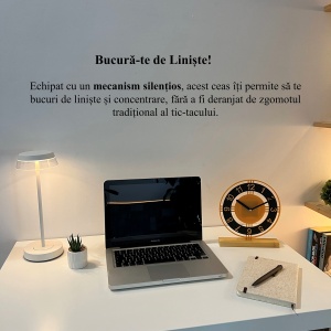 Ceas de birou - Mecanism SILENTIOS – DECORADI®, Eco-friendly, Baza din Lemn Natural, Afisare cu cifre arabe, Design Abstract, Auriu / Negru 22 cm – Cadou sau Ceas de camera decorativ cu design modern, Printat 3D din PLA(plastic biodegradabil) - Img 4