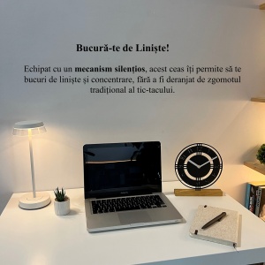 Ceas de birou - Mecanism SILENTIOS – DECORADI®, Eco-friendly, Baza din Lemn Natural, Afisare cu cifre arabe, Design Abstract, Negru 22.5 cm – Cadou sau Ceas de camera decorativ cu design modern, Printat 3D din PLA (plastic biodegradabil) - Img 4