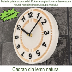 Ceas decorativ de perete, Mecanism SILENTIOS, DECORADI®, Diametru 21 cm, Afisare cu cifre arabe, Cadran din LEMN NATURAL, Eco-friendly, Design Modern, Alb, Printat 3D din PLA ECO(plastic biodegradabil) - Img 4