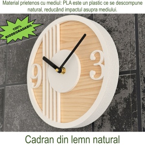 Ceas decorativ de perete, Mecanism SILENTIOS, DECORADI®, Diametru 21 cm, Cadran din LEMN NATURAL, Eco-friendly, Design Modern, Alb, Printat 3D din PLA ECO(plastic biodegradabil) - Img 4