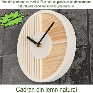 Ceas decorativ de perete, Mecanism SILENTIOS, DECORADI®, Diametru 21 cm, Cadran din LEMN NATURAL, Eco-friendly, Design Modern, Alb, Printat 3D din PLA ECO(plastic biodegradabil) - Img 4