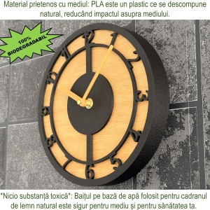 Ceas decorativ de perete, Mecanism SILENTIOS, DECORADI®, Diametru 21 cm, Afisare cu cifre arabe, Eco-friendly, Cadran din LEMN NATURAL, Design Modern, Alb, Printat 3D din PLA ECO(plastic biodegradabil) - Img 6