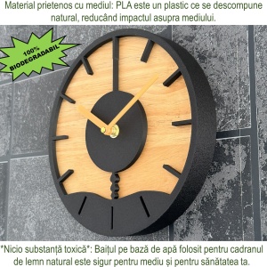 Ceas decorativ de perete, Mecanism SILENTIOS, DECORADI®, Diametru 21 cm, Cadran din LEMN NATURAL, Eco-friendly, Design Modern, Negru, Printat 3D din PLA ECO(plastic biodegradabil) - Img 6