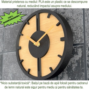 Ceas decorativ de perete, Mecanism SILENTIOS, DECORADI®, Diametru 21 cm, Cadran din LEMN NATURAL, Eco-friendly, Design Modern, Negru, Printat 3D din PLA ECO(plastic biodegradabil) - Img 6