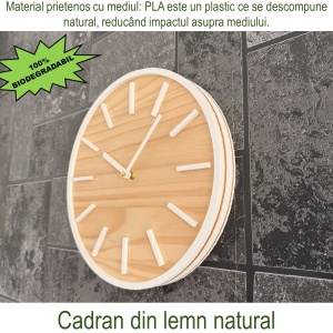 Ceas decorativ de perete, Mecanism SILENTIOS, DECORADI®, Diametru 26 cm, Cadran din LEMN NATURAL, Eco-friendly, Design Modern, Alb, Printat 3D din PLA ECO(plastic biodegradabil) - Img 4