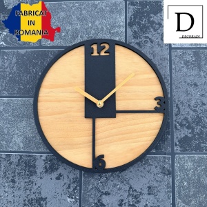 Ceas decorativ de perete, Mecanism SILENTIOS, DECORADI®, Diametru 26 cm, Cadran din LEMN NATURAL, Eco-friendly, Design Modern, Negru, Printat 3D din PLA ECO(plastic biodegradabil) - Img 4