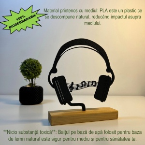 Decoratiune Casa, Casti cu portativ – DECORADI®, Eco-friendly, Baza din Lemn Natural, Design Modern, Negru 17cm – Cadou sau decoratiune de interior ideala pentru iubitorii de muzica, Printat 3D din PLA Eco (plastic biodegradabil) - Img 3