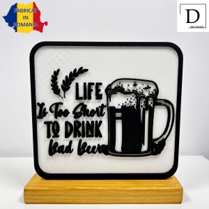 Decoratiune Casa, Halba cu Bere – DECORADI®, Eco-friendly, Baza din Lemn Natural, Design Abstract, alb / negru 17cm – Cadou sau Decoratiune de interior cu design modern, Printat 3D din PLA ECO (plastic biodegradabil) - Img 2